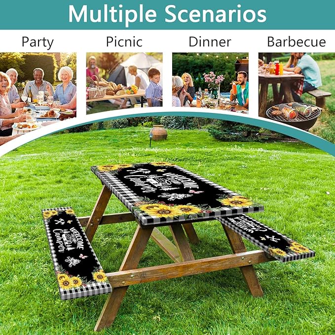 Sunflower Plaid Picnic Table Cover with Bench Covers and Bag, Camping Essentials, Checkered Floral Waterproof Windproof, Fitted Tablecloth Cover with Elastic Edge, Garden & Outdoor, 3 PCS, 30x60 Inch