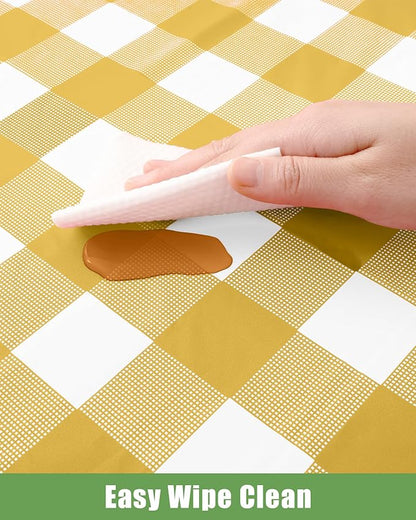 Smiry 12 Packs Gingham Disposable Table Cloth, 54 x 108 Inch Waterproof Plastic Tablecloth, Rectangle Gold and White CheckeGold Table Covers for Picnic, Birthday, Party