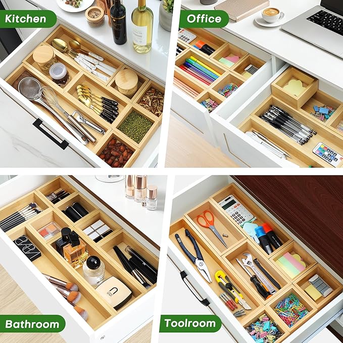 Bamboo Drawer Organizer Set, 9 PCS Multi-Use Individual Wood Storage Organizers, Junk Drawer Divider and Storage Trays Containers for Kitchen, Bathroom, Office Desk, Makeup, Jewelry, Utensils