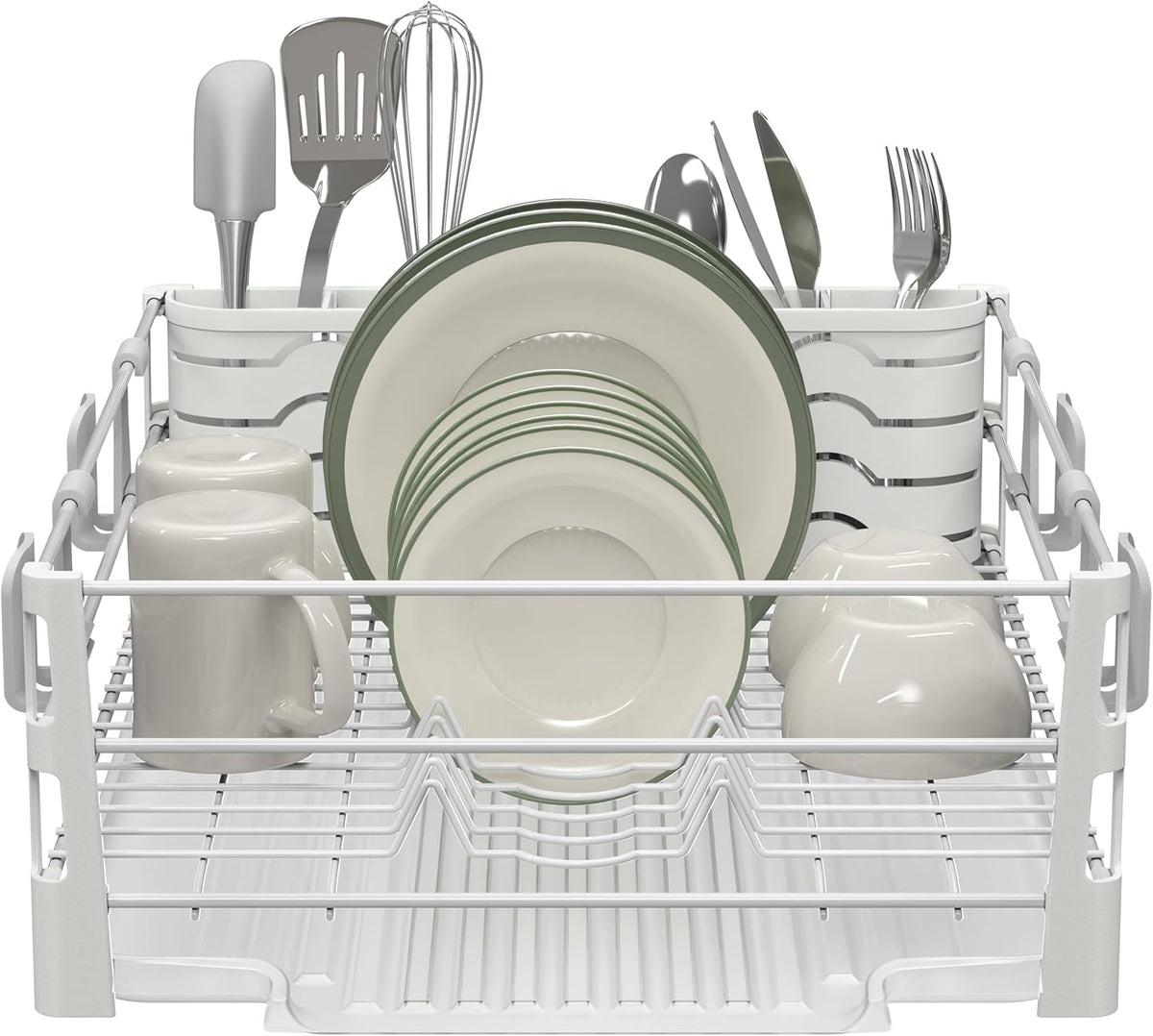 SIMPLE HOUSEWARE White Dish Drying Rack with Drainboard, Utensil Holder & Mug Hooks – Metal Kitchen Counter Organizer