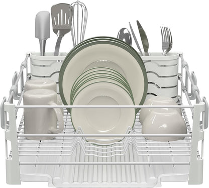 SIMPLE HOUSEWARE White Dish Drying Rack with Drainboard, Utensil Holder & Mug Hooks – Metal Kitchen Counter Organizer