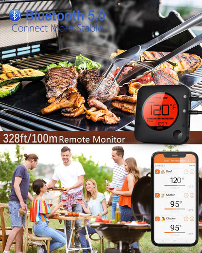 Bfour Bluetooth Meat Thermometer Wireless Meat Thermometer, Wireless Digital Grill Thermometer with 6 Temperature Probes, Large LCD Display
