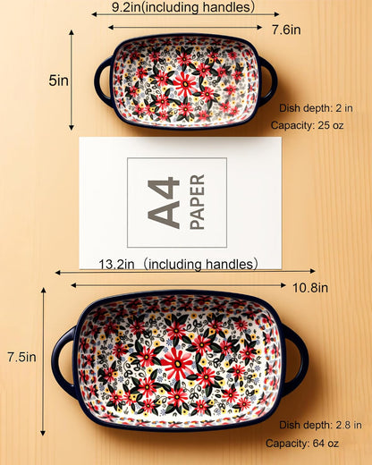 Polish Pottery Style Ceramic Baking Dish Set of 2 – Decorative Casserole Dishes with Handles, Cute Oven-Safe Lasagna Bakeware Gift Set