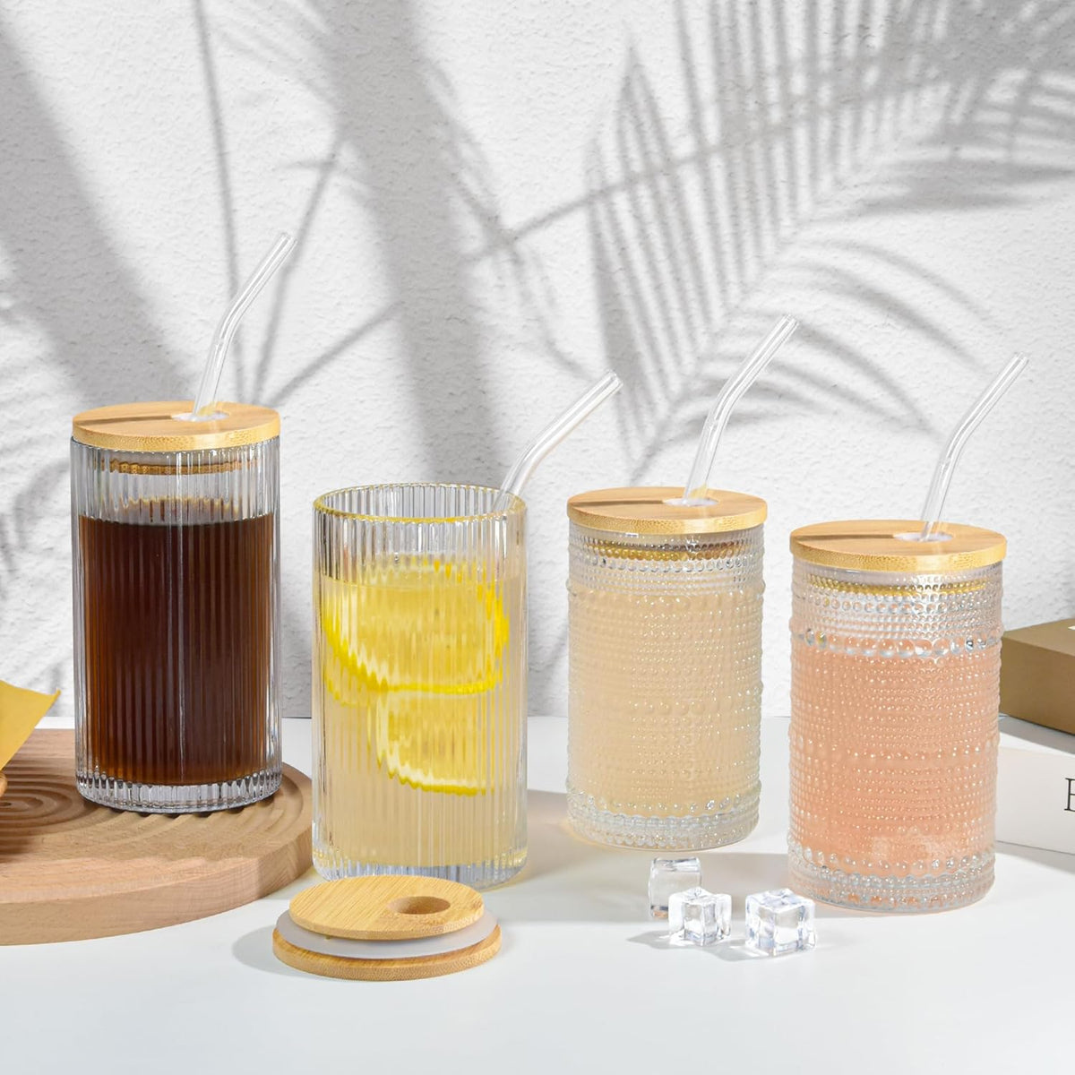 14 oz Drinking Glasses Set of 4 with Bamboo Lids Straws Striped Ribbed Glassware Set Vintage Glass Cups Embossed Iced Coffee Cup for Beer Cocktail