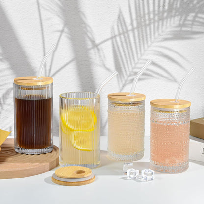 14 oz Drinking Glasses Set of 4 with Bamboo Lids Straws Striped Ribbed Glassware Set Vintage Glass Cups Embossed Iced Coffee Cup for Beer Cocktail