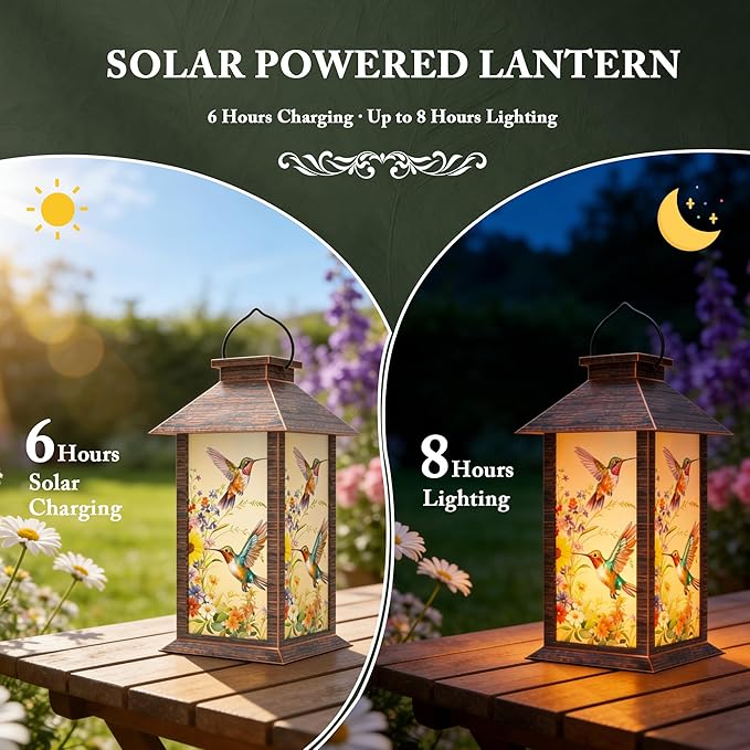 Solar Lanterns Outdoor, Waterproof Garden Hummingbird Solar Lantern, 13" Outdoor Lantern with LED Flickering Flameless Candles, Lanterns for Women Mom Gifts Decorations for Porch, Yard, Patio