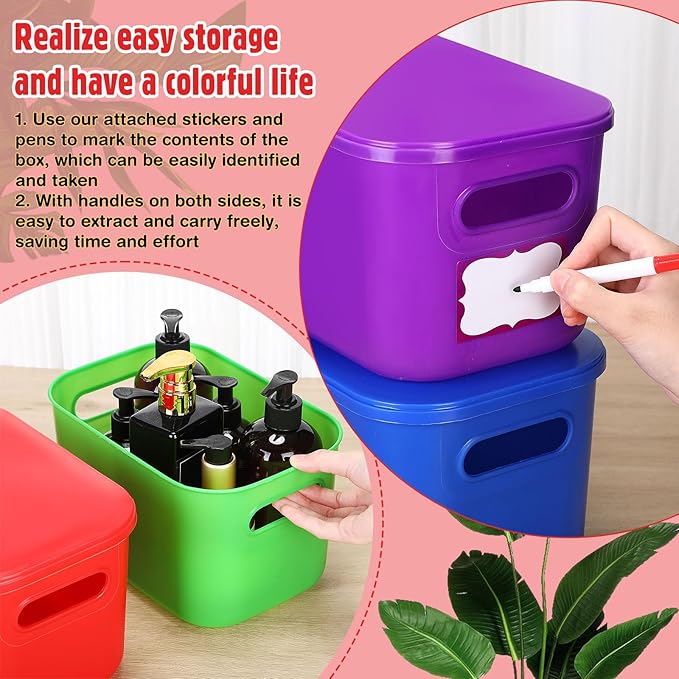 Thyle 12 Pack Vibrant Colorful Plastic Storage Bins with Lids 7 Quart Toy Storage Box Stackable Nestable Organizer Boxes with Handle and Labels for Classroom Shelf Bedroom Desktop Toys School Supplies