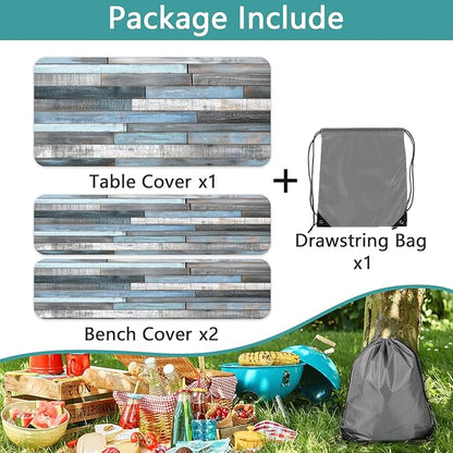 JAWO Picnic Table Cover with Bench Covers Rustic Wood Farmhouse Waterproof Windproof Fitted Outdoor Patio Camping Rectangle Tablecloth Washable 72x30 Inch Elastic Edges Blue Grey