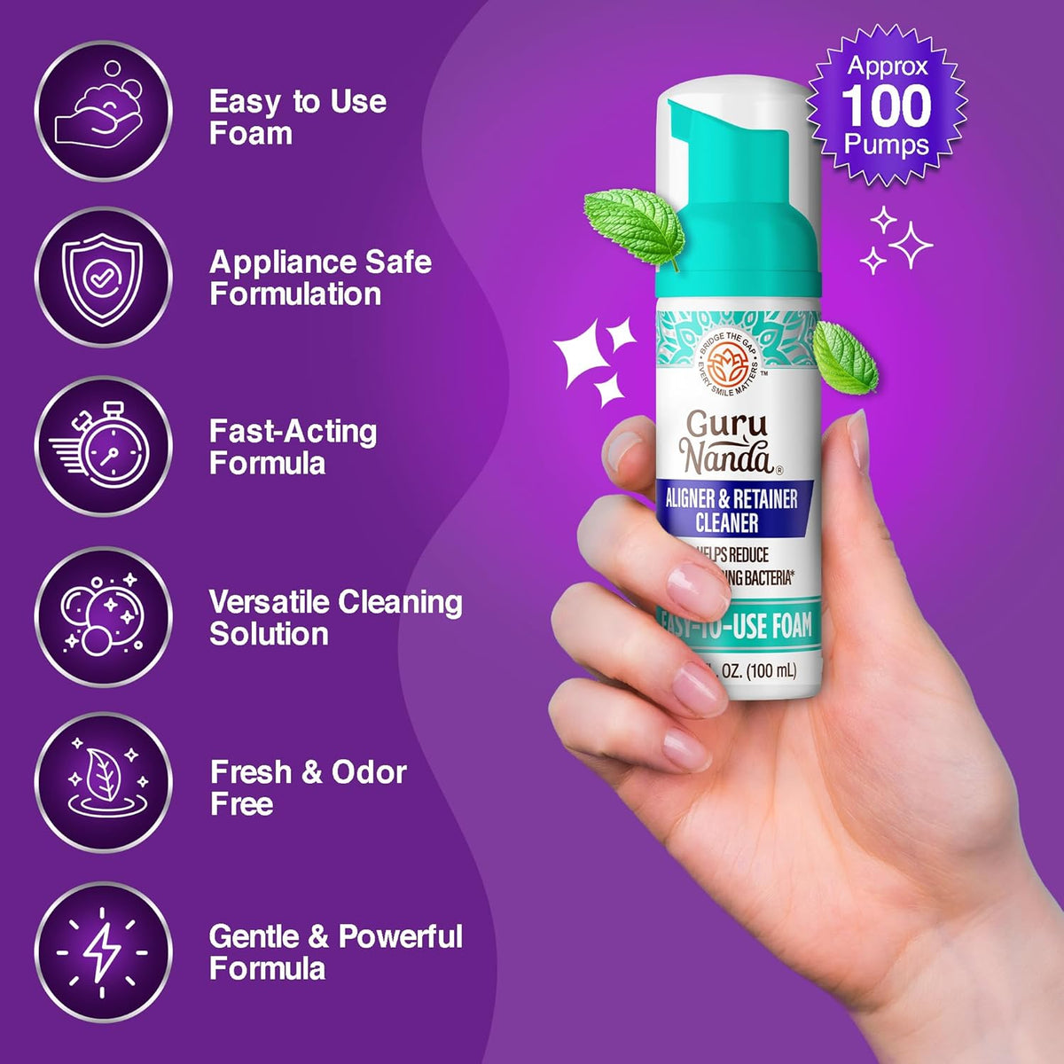 GuruNanda Aligner & Retainer Cleaner Foam – Gentle Cleaning for Aligners, Retainers, Veneers & Mouthguard, Helps Neutralize Odors, Ideal for Daily Use, 100 ml