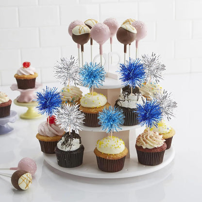30 PCS Foil Firework Cupcake Toppers Sparkle Tinsel Cupcakae Picks Foil Firework Decorations Cocktail Fruit Toothpick for Fireworks Theme Birthday Wedding Graduation Party Decor Blue Silver Light Blue