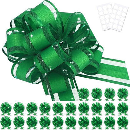 24pcs Green Pull Bow for Gift Basket Wrapping Xmas Gift Bows Adhesive Presents Wrap Ribbon Bow for Christmas Tree Ornament Wine Bottles Bouquet Flower Valentine's Day Party Decor (Green-G)