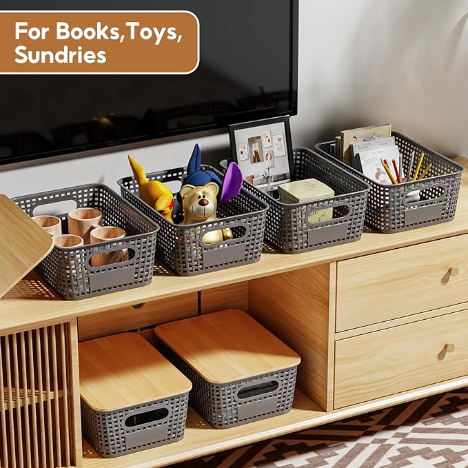 8 Pcs Plastic Storage Bins with Bamboo Lid, Stackable Storage Bins with Lids & Labels for Organizing, Storage Bins for shelves Office Drawer Cabinet & Pantry Nursery Organization,10.2x7.2x4 .1In