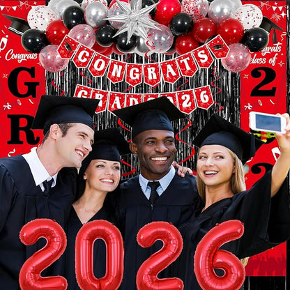 Graduation Decorations 2026, Red and Black Grad Decorations Class of 2026, Graduation Party Decorations with Congrats GRAD 2026 Banner Tablecover Balloons for High School Senior Nurse College