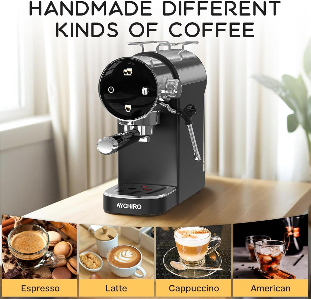 20 Bar Espresso Machine, Compact Espresso Maker with Milk Frother, Touchscreen Latte Maker with Detachable Drip Tray/Water Tank, Built-in Handle for Home and Office Use