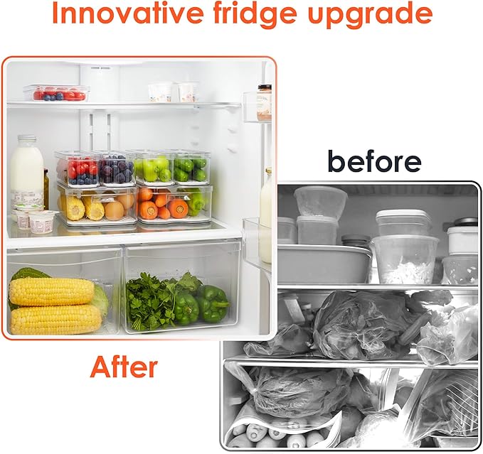 SMRCAD Fridge Organizers and Storage, 6 Pack Clear Freezer Organizer Bins with Lids for Kitchen, Pantry, Refrigerator, Food, Fruit, Vegetable Storage