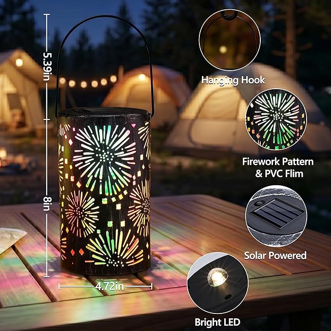 Brizled Solar Lantern Outdoor, July 4th Firework Lanterns Colorful, Waterproof LED Solar Tabletop Lamp, 2 Pack Hanging Solar Garden Lanterns, Metal Garden Pathway Lighting for Patio Path Porch Balcony