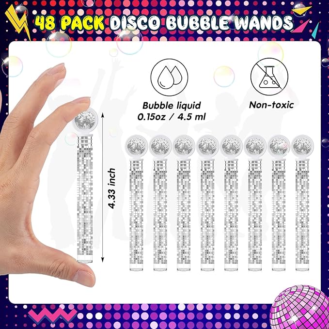 JellyArch 48 Pcs Disco Wedding Party Favors Bubbles Wands Bulk with Disco Balls Top and Stickers Party Favors Supply Bubble Wands for Summer Birthday Wedding Gift Outdoor Indoor Activity