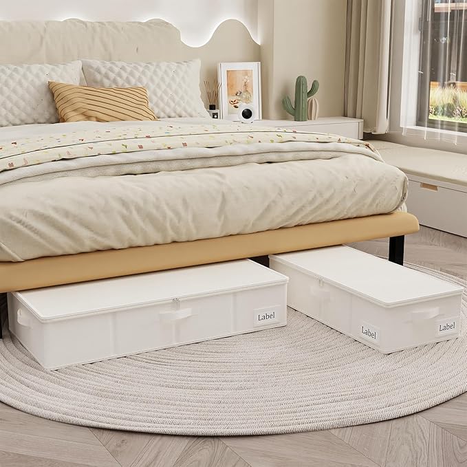 Yawinhe Underbed Bags, Storage Containers Bags with Lid, Foldable Blanket Bins, with Sturdy Zipper und Label Holders, for Clothing, 23.6''Lx11.8''Wx6''H, 4 Pack, Beige