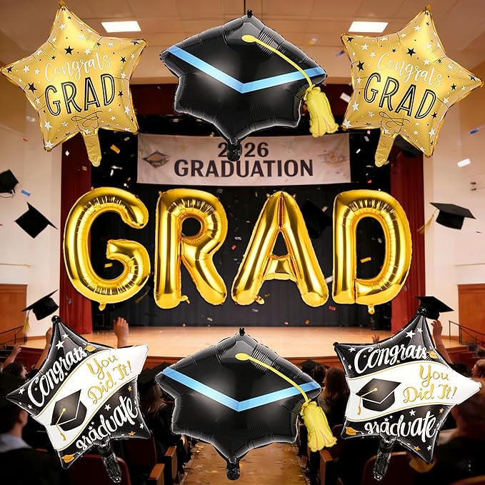 Graduation Balloons - Gold Letter Grad Balloons Graduation Cap Balloon Grad Cap Balloon Graduations Foil Balloons Class for 2026 Graduation Party Decorations