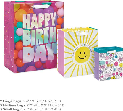 Hallmark Assorted Birthday Gift Bags (8 Bags: 3 Small 6", 3 Medium 9", 2 Large 13") Smiling Sun, Balloons, Cute Flowers and Plants