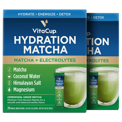 VitaCup Hydration Matcha Instant Packets, for Natural Energy and Detox, w/Electrolytes, Ceremonial Grade Organic Matcha, Coconut Water, Pink Himalayan Salt, Magnesium, in Single Serve Sticks, 40 Ct