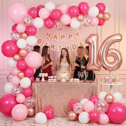 LovesTown 150 PCS Pink Rose Gold White Balloons Different Size of 18 12 10 5 Inch, Pink Confetti Balloons with Ribbons for Confession Proposal Wedding Girls Birthday Baby Shower Party Decorations