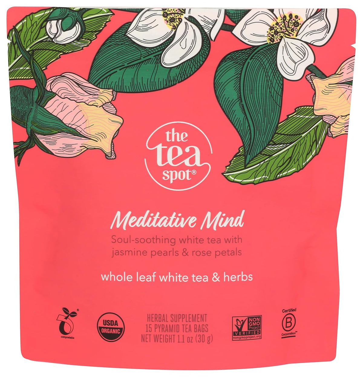The Tea Spot Organic Meditative Mind Herbal Tea, Blend of White Tea, Jasmine and Rose, Calming & Welness Caffeine Free Elixir