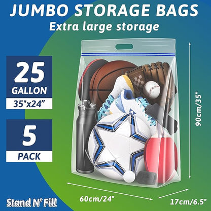 Extra Large 25 Gallon Storage Bags - 35” x 24” with Resealable Zip and Carry Handle, Ideal for Clothes, Pillows, Moving and Travel, Set of 5