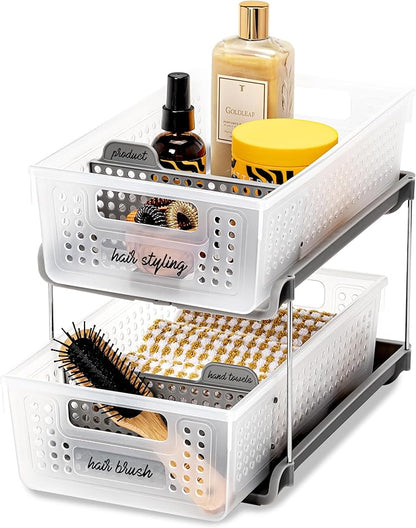 madesmart Premium 2 Tier Organizer, Under Cabinet Storage with Pull Out Sliding Drawers, for Cleaning Supplies, Undersink, Sponges, Bottles & Bath, Adjustable Dividers & Pull Out Baskets, Frost
