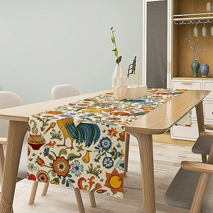 Farm Animal Table Runner, Boho Folk Style Country Rustic Farmhouse Rooster Flower Print Table Runner for Home Kitchen Dining Holiday Decor, 13x120inch