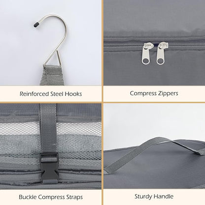 Surblue Hanging Shelves Travel Storage Bag Compression Packing Cube for Suitcase Collapsible with Extension Layer Large Capacity, Grey,XL