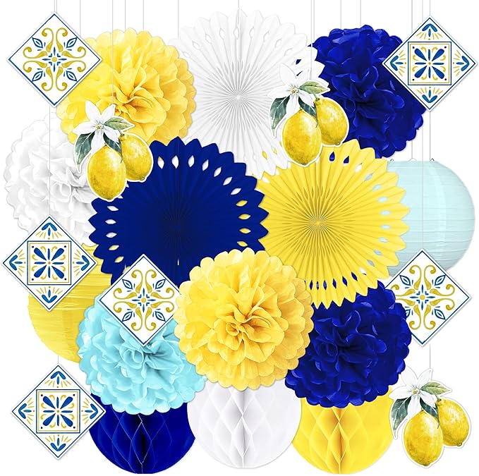 23pcs Amalfi Coast Party Decorations - Capri Lemon Yellow Blue White Hanging Paper Lanterns, Fans, Pom Poms, Honeycomb for Birthday, Baby Shower, Mediterranean, Italian Summer Themed Decor