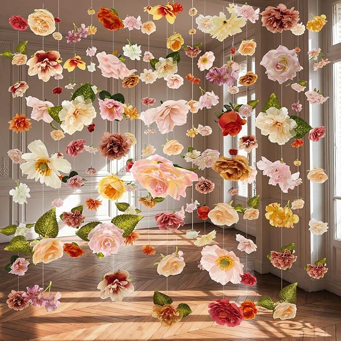 Suncalla 6 Pcs 35.46 ft Flower Garlands Backdrop Spring Artificial Wildflower Vines Floral Decorations for Party Fake Flower Vines Faux Silk Wildflower for Easter Wedding Garden Wall Arch(Champagne)