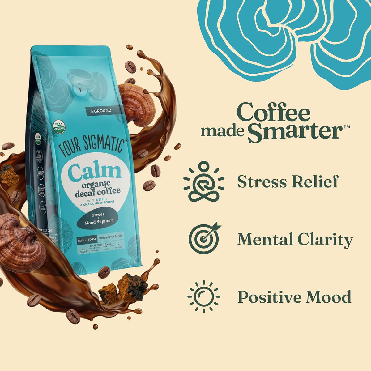 Four Sigmatic Calm Organic Decaf Ground Coffee | Swiss Water Decaf Coffee with Chaga &amp; Reishi Mushroom Extracts | 10oz Bag