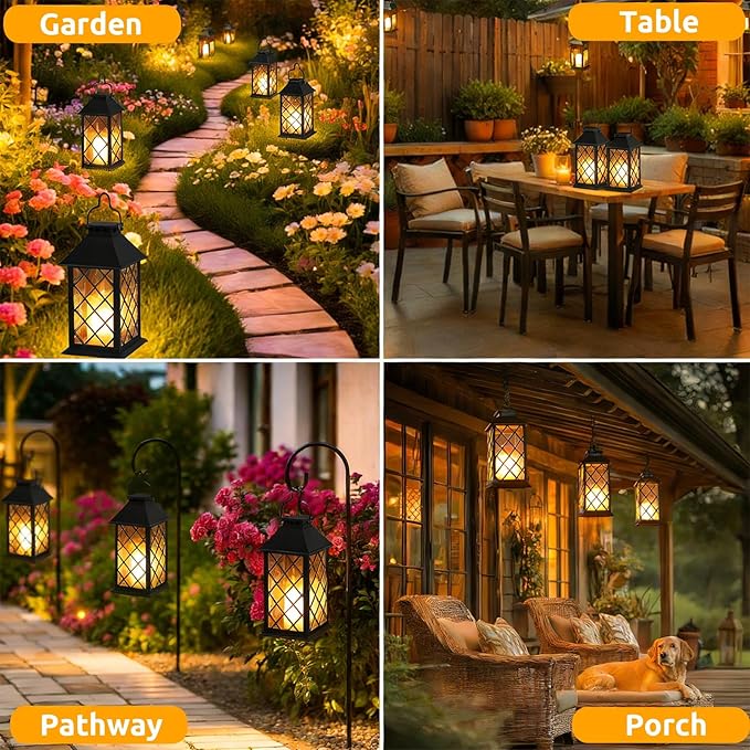 14" Large Tempered Glass Solar Lanterns Outdoor Waterproof, Hanging Solar Lights with Flickering Flameless Candles, Retro Solar Lantern for Wall Porch Patio Table Garden Decoration (Black)