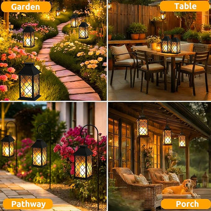 14" Large Tempered Glass Solar Lanterns Outdoor Waterproof, Hanging Solar Lights with Flickering Flameless Candles, Retro Solar Lantern for Wall Porch Patio Table Garden Decoration (Black)