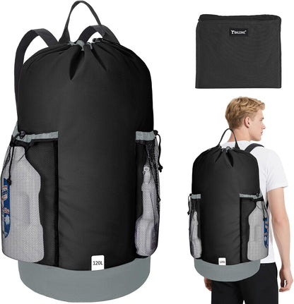 BALEINE 120L Laundry Bag Backpack, 900D Oxford Fabric Large Travel Laundry Bags with Shoulder Straps and 2 Mesh Pockets for College Dorm, Apartment, Laundromat (Black, 120L)