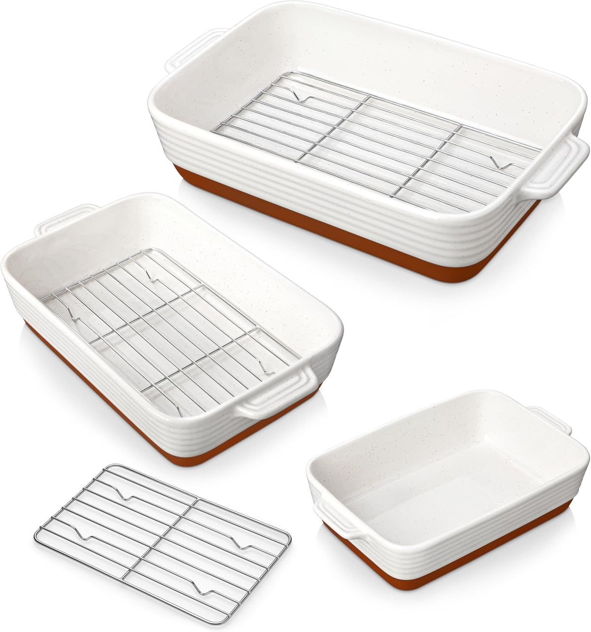 MALACASA Casserole Dishes for Oven with Roasting Racks, Ceramic Baking Dishes Set of 3, Baking Pan Casserole Dish Set, Rectangular Lasagna Pan Deep with Handles for Baking, Khaki White (14.5''/13''/10.5''), Series TARA