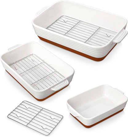 MALACASA Casserole Dishes for Oven with Roasting Racks, Ceramic Baking Dishes Set of 3, Baking Pan Casserole Dish Set, Rectangular Lasagna Pan Deep with Handles for Baking, Khaki White (14.5''/13''/10.5''), Series TARA