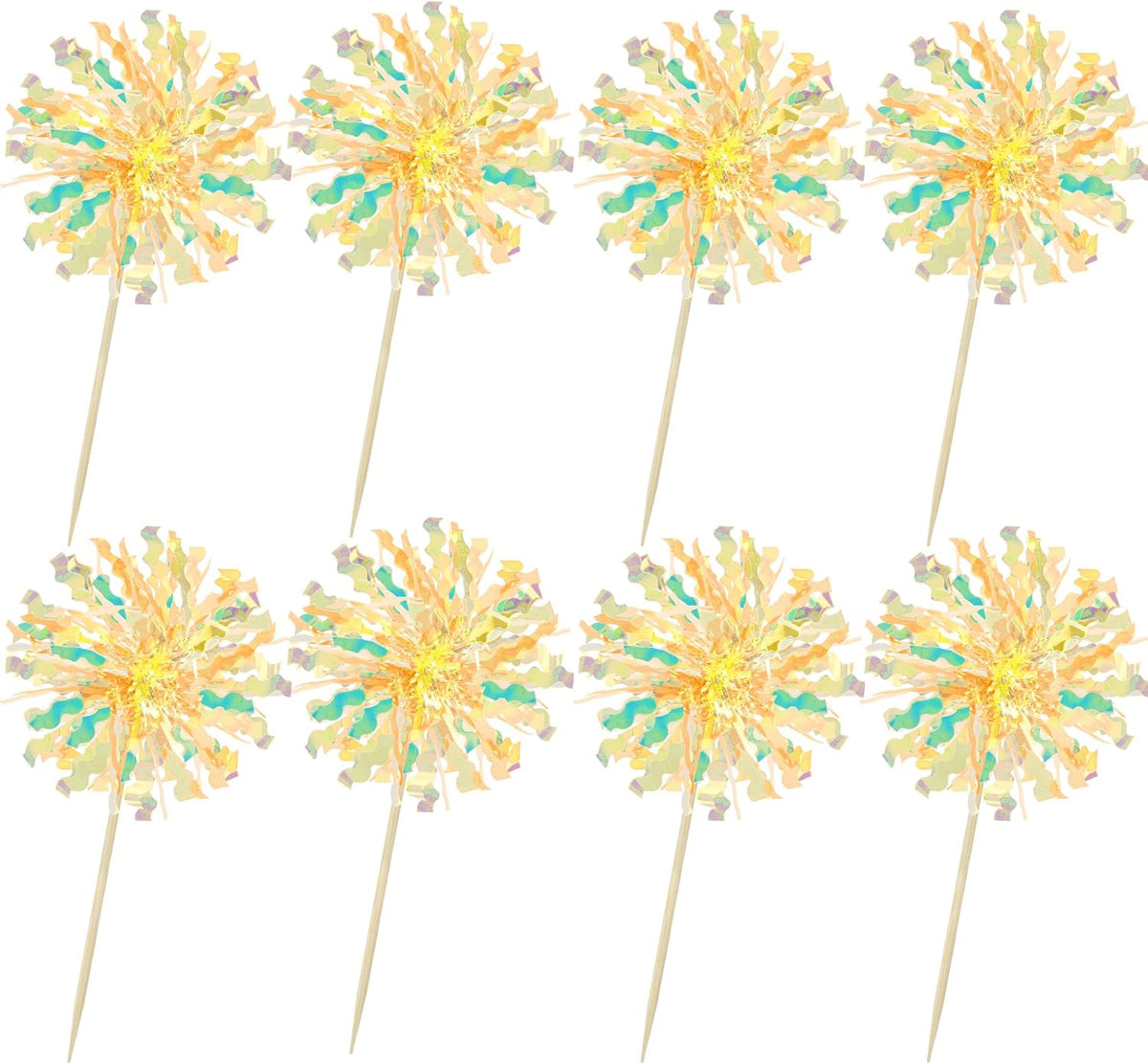 Ephlyn 30Pcs Foil Firework Cupcake Toppers Sparkle Tinsel Drink Birthday Cake Decorations Cocktail Food Fruit Toothpick for New Years Wedding Birthday Party Decorations Yellow