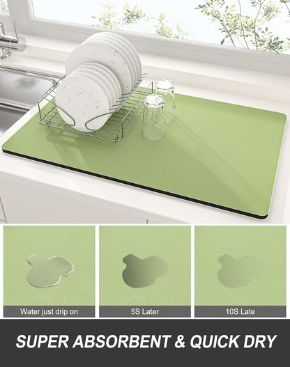 Rnivvi Dish Drying Mat for Kitchen Counter, XL 15 x 24" Super Absorbent Drainer Pad Easy Clean Dish Rack Pad, Non-Slip Heat Resistant Coffee Bar Mat for Coffee Machine Station Accessories Decor, Green