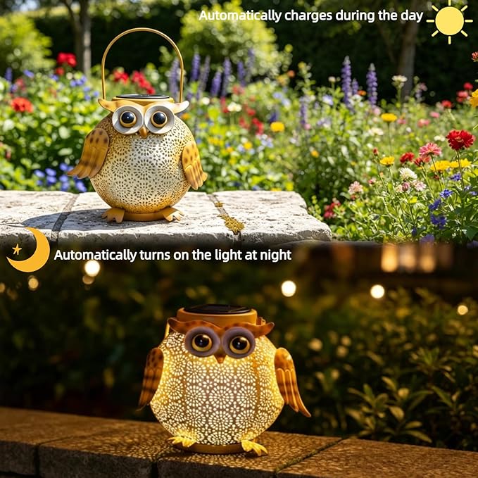 Hanging Solar Lanterns - Garden Light Waterproof Metal Decorative Solar Lantern Lights Outdoor for Patio Yard Table Pathway (1 Pack Yellow owl Lantern)
