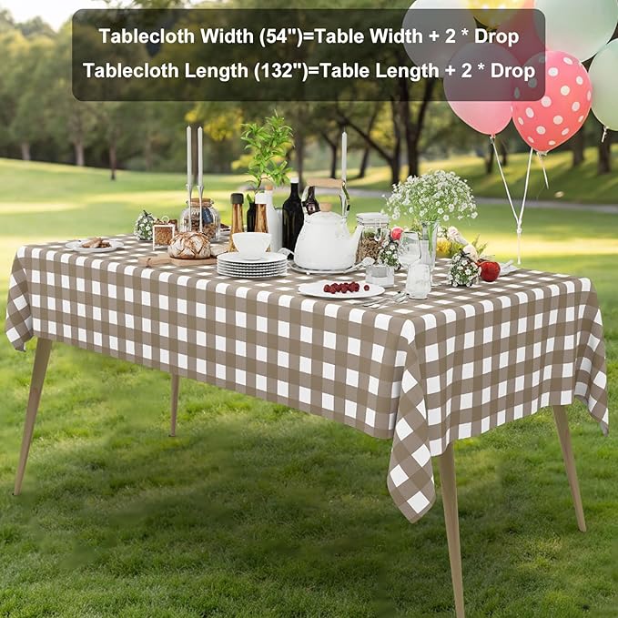 Smiry 3 Pack Khaki Gingham Disposable Tablecloths - 54" x 132" Heavy Duty Plastic Table Cloth, Waterproof Buffalo Plaid Table Covers for Picnic, Banquets, Outdoor Parties