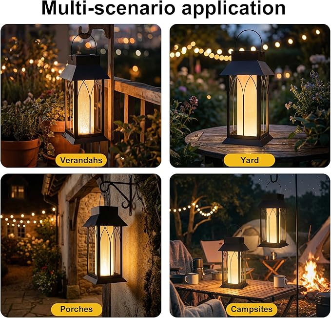 Solar Lantern Outdoor Waterproof ,Black Heavy Duty Metal Solar Powered Hanging or Table Lamp for Patio, Garden, Yard, Porch - Decorative Warm White Lights
