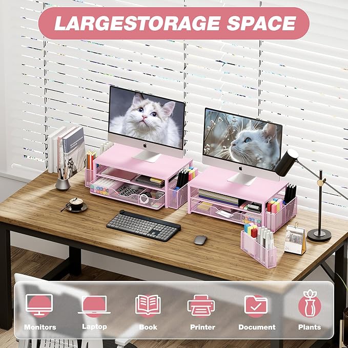 OPNICE Desk Organizers and Accessories, 2-Tier Computer Monitor Stand Riser with Drawer and 2 Pen Holders, Laptop Stand, Office Desk Accessories & Office Decor for Women, Pink