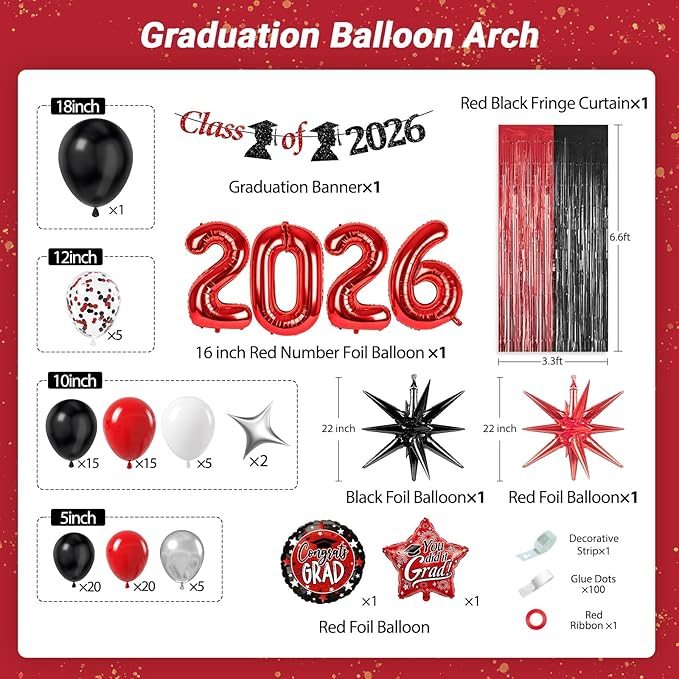 Red and Black Graduation Decorations with Fringe Curtain Banner Metallic Silver Confetti Black Red White Balloons for Graduation Decorations 2026