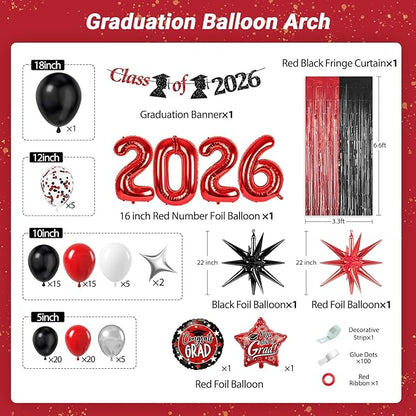 Red and Black Graduation Decorations with Fringe Curtain Banner Metallic Silver Confetti Black Red White Balloons for Graduation Decorations 2026