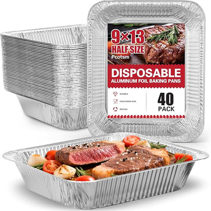 Aluminum Pans Half Size, 9x13, Heavy Duty Disposable Foil Pans for Baking, Roasting, Cooking, Heating, Storing, Deep Tin Foil Bakeware for Oven, Steam Table Tray, Cookware, Food Prepping (40 Pack)