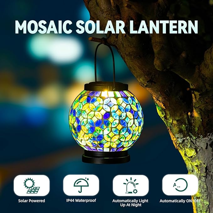 VOREEN Mosaic Solar Lanterns, Handmade Outdoor Glass Hanging Light, Waterproof Solar Table Lamp, Gift for Mom Wife Friend, Decor for Garden, Patio, Yard, Balcony, Green & Yellow, Leaves Pattern