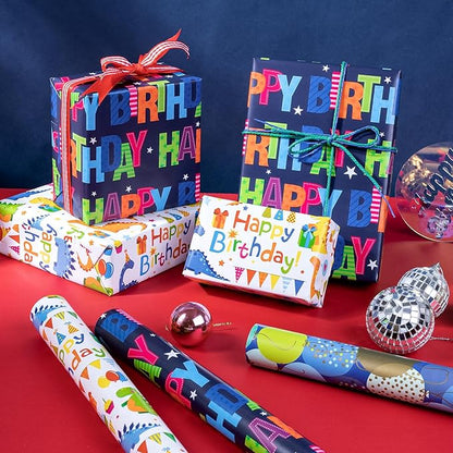 WRAPAHOLIC Dinosaur Birthday Wrapping Paper Roll - Mini Roll - 3 Rolls - 17 inch x 120 inch Per roll - Happy Bday Wrapping Paper for Kids Boys Birthday, Baby Shower, Dinosaur Lover